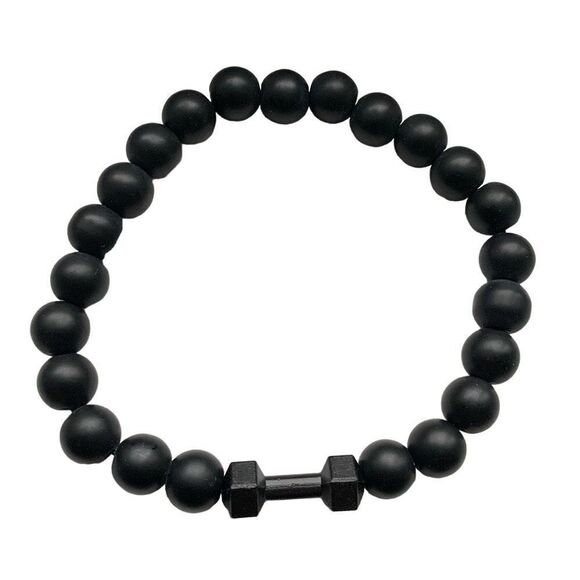 Black Beaded Dumbbell Bracelet Stretch Gym Motivational Workout Fitness NEW - Picture 1 of 8